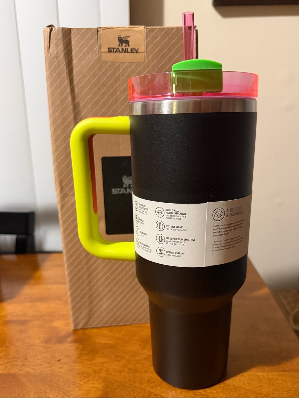 Black Neon Stanley Quencher H2.0 Tumbler - Yellow Handle & Pink Lid/Straw🖤💛🩷🧡💚 - Picture 2 of 6